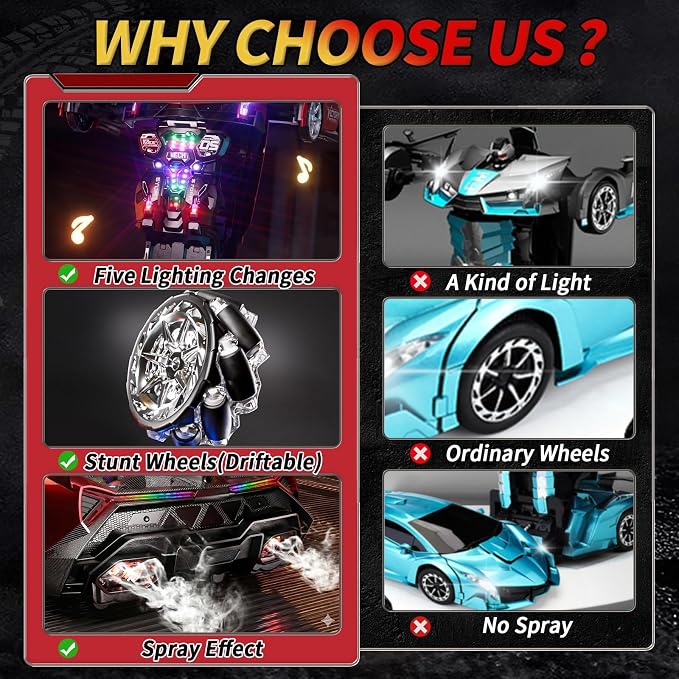 1:10 Big Size Transform RC Car, Gesture Sensing Transformation 2.4GHz Remote Control Car, One Button Deformation to Robot with Lights, Transforming Toy Cars Gift for Kids Age 8-12 Years Old Boys(Red)