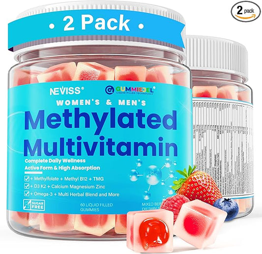 Multivitamines méthylées pour femmes et hommes, avec Oméga-3, Calcium, D3 K2, Méthylfolate et B12, TMG, Vitamines quotidiennes A, C, E, Complexe B, Magnésium, CoQ10, Probiotiques pour la santé globale - Végétalien, Lot de 2