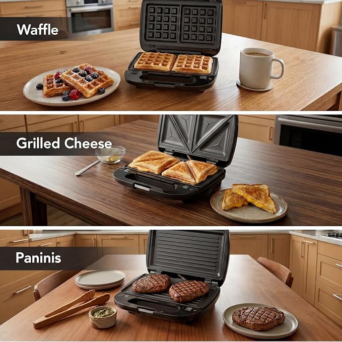 KEINVE 3-in-1 Sandwich Maker, Waffle Maker and Panini Press Grill, 800W Electric Breakfast Machine with 3 Detachable Non-Stick Plates, LED Indicator Lights, Cool Touch Handle with Latch, Black