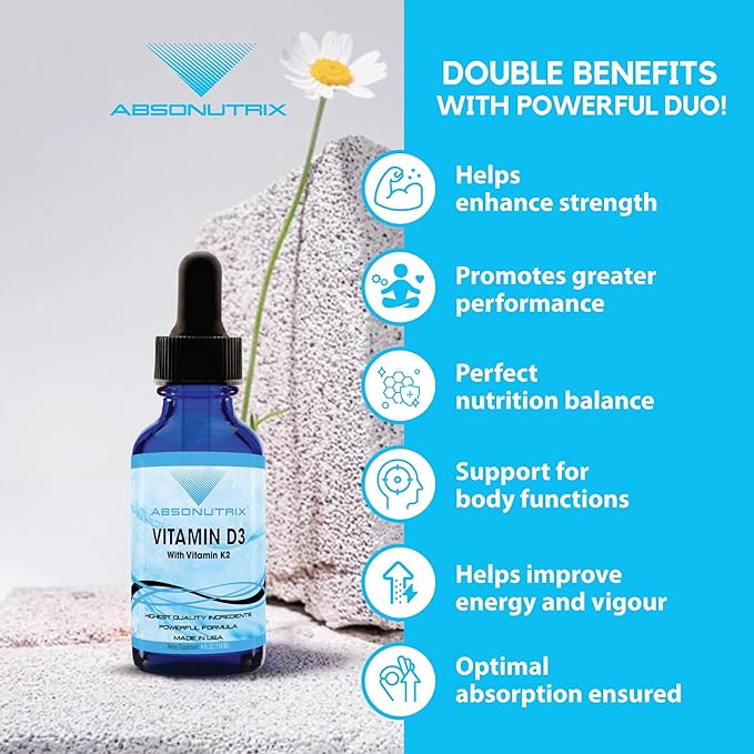 Gouttes de Vitamine D3 K2 Absonutrix, 390mg, 120 ml Liquide, 302 Doses, Fabriqué aux États-Unis, Absorption Rapide, Ingrédients Puissants de Qualité, Sans OGM, Certifié BPF, Produits Non Testés sur les Animaux, Compléments pour la Force des Os