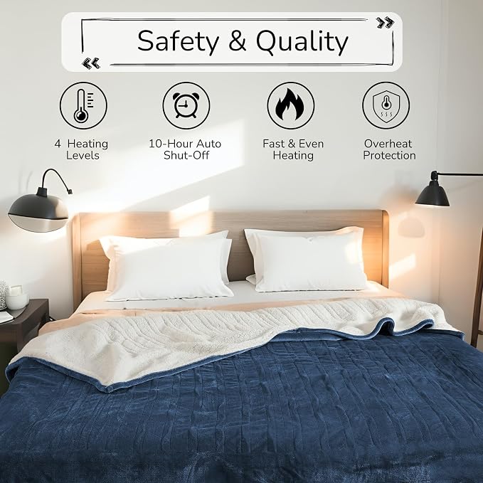 Electric Heated Blanket Queen Size 84"x90" – ETL Certified for Safe Overnight, 4 Heat Settings & 10H Auto Off, Dual-Sided Microplush Sherpa for Home Theater Night, Machine washable – Dark Blue