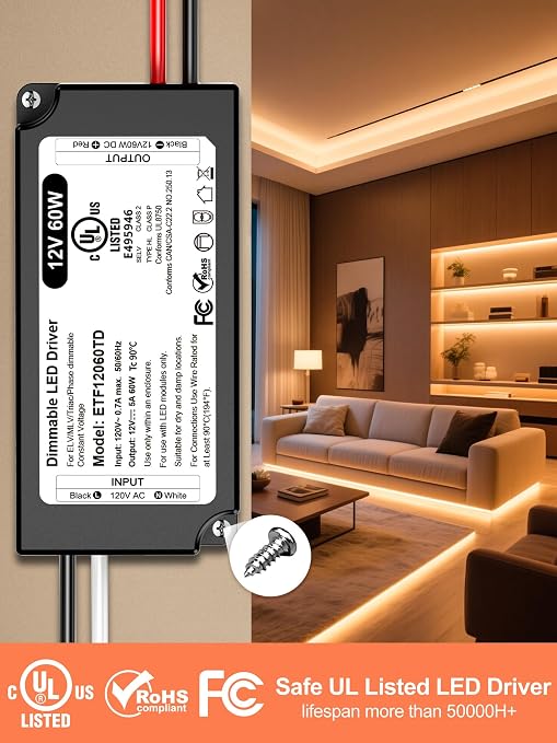 12V Dimmable LED Driver 60W UL Listed, 120V to DC 12V Triac ELV/MLV LED Transformer Compatible with Lutron & Leviton Switches 60 Watt LEDs Power Supply 12 Volt for Strip Cabinet Light