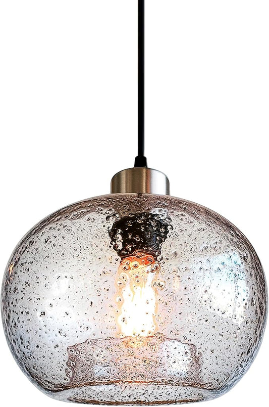 CASAMOTION Handblown Glass Pendant Lighting Drop Ceiling Lights, Modern Rustic Hanging Light Clear Seeded Glass with Black Marble, Brushed Nickel Finish, 8.7 Inch Diameter