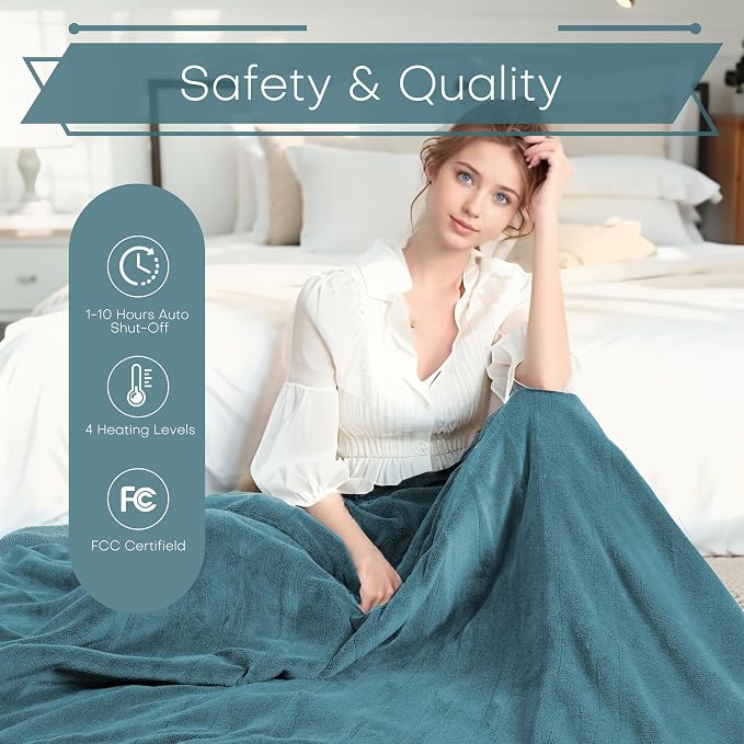 Electric Heated Blanket King Size 90"x100", Dual-Sided Coral Fleece & Sherpa Fabric, 4 Heat Settings & 10H Auto Off, Soft Warm for Home, Office, Bed, Couch, Machine Washable, Dual Control, Lake Green