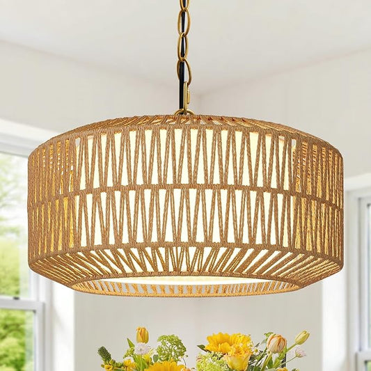 9"-52" Height Adjustable Farmhouse Chandelier Light Fixture, 5-Light Rattan Boho Chandeliers for Dining Room, Hand Woven Pendant Light with Linen Shade, Rustic Hanging Lighting for Kitchen Island