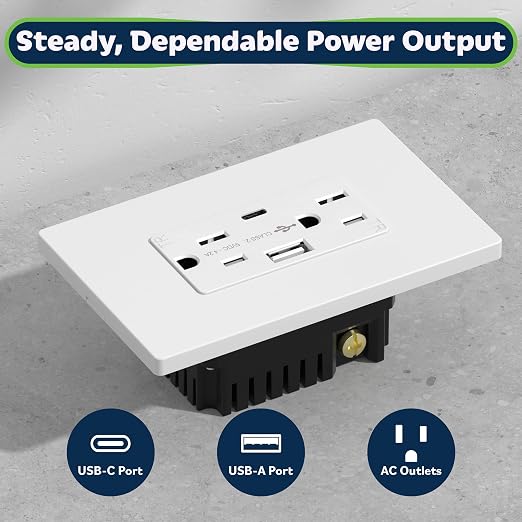 TOPGREENER USB Outlet, 4.2A Type C & Type A USB Wall Outlet, 15 Amp TR Receptacle Plug, Charging Power Outlet with USB Ports, Wall Plate Included, UL Listed, TU21536AC-WWP-20PCS, White, 20 Pack