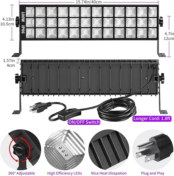 THECHAM 100W LED Black Lights Bar, 100 LEDs, Blacklight Flood Light for Black Light Party, for Glow Party, Bedroom, Halloween, Fluorescent Poster, Body Paint, Tapestry
