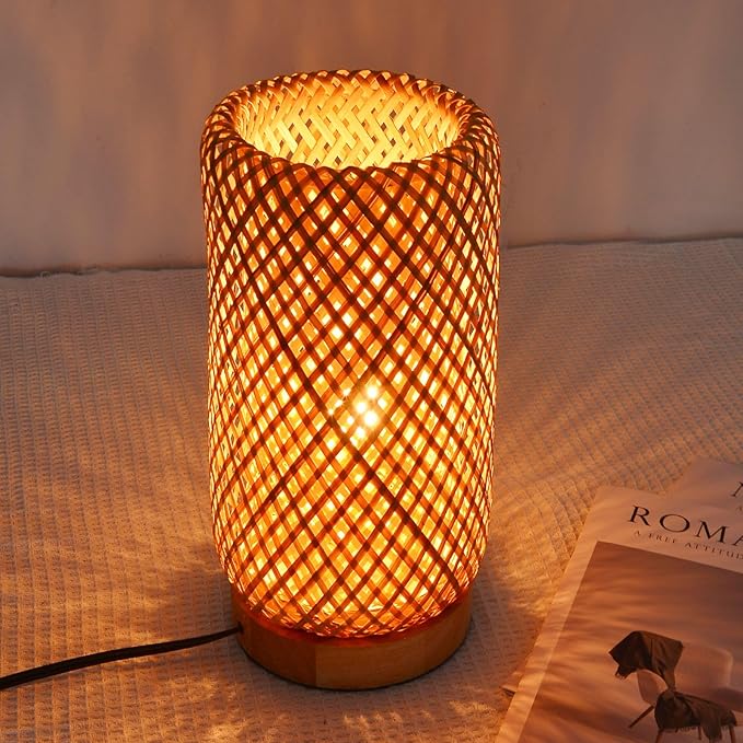Arturesthome Bamboo Desk Light Woven Boho Beside Lamp Vintage Wicker Wooden Nightstand Lamp for Living Room,Kids Room,Nursery Room Decor
