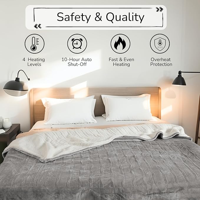Electric Heated Blanket 84"x90" Queen Size, Dual-Sided Microplush Sherpa for Bedroom Couch Use, 4 Heat Settings & 10 Hours Auto Off Energy Saving, Dual Controller, Machine Washable - Light Gray