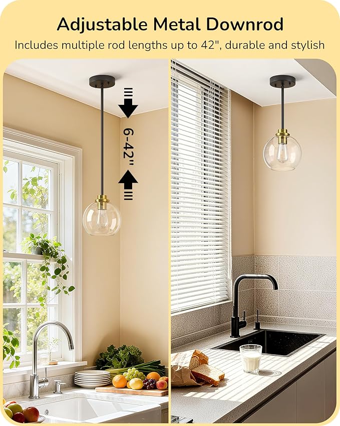 EDISHINE Mid Century Kitchen Pendant Lighting Over Island 2 Pack, Clear Glass Globe Shade, Hardwired Black and Gold Adjustable Hanging Light Fixtures for Dining Room, Entryway