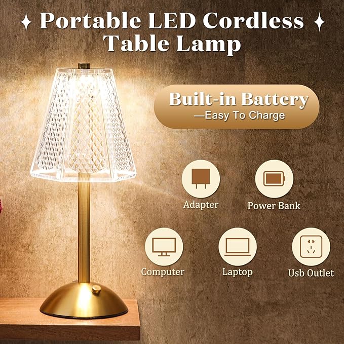 Liliful 2 Pcs Cordless Table Lamp Rechargeable Touch LED Small Gold Portable Battery Operated USB-c Desk Lamp 3 Color Dimmable for Bedroom Living Room Dining (Gold,Hexagonal Diamond Style)