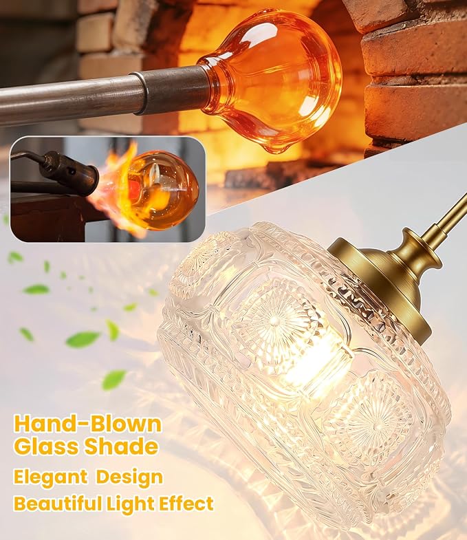 Semi Flush Mount Ceiling Light, Gold Pendant Lights Kitchen Island | 12" Large Clear Glass Shade, Vintage Pendant Light Adjustable Hanging Light for Kitchen Island Bedroom Hallway Bathroom