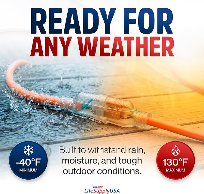 10ft Outdoor/Indoor Extension Cord 12/3 Gauge Extra Heavy Duty 3 Prong SJTW, Waterproof, Flexible Cold-Resistant Long Power Cord,15A 125V 1875W, Orange by LifeSupplyUSA