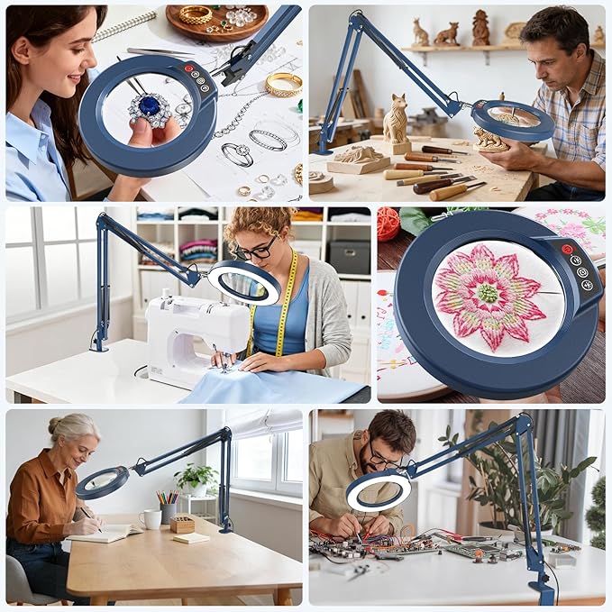 10X Magnifying Glass with Light and Clamp, Real Glass Stand Lighted Magnifier, 2*16 Arm 5 Color Modes Stepless Dimmable LED Desk Lamp Hands Free for Craft Hobby Reading Painting Close Work Large Blue
