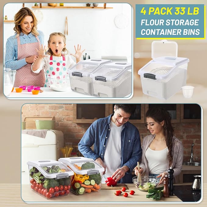 Blushtier 4 Pack Large Rice Storage Containers 30 Lbs Airtight Flour Container with Seal Locking Lid and Measuring Cup Kitchen Dry Food Storage Bins for Cereal Sugar Beans(Transparent White)