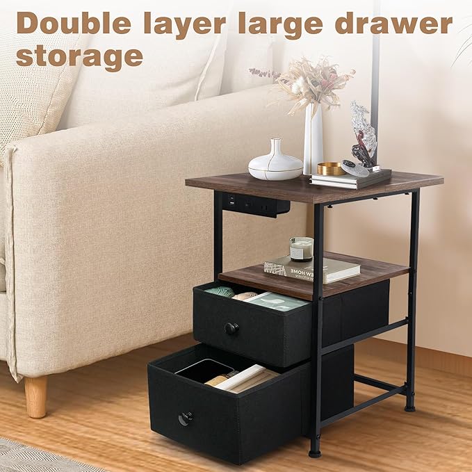 PESRAE Floor Lamp with Table & 2 Drawers, End Table with 3 Color Temperature Reading Light, Side Table Lamp with USB & Type C & AC Charging Port for Bedoom, Home Office