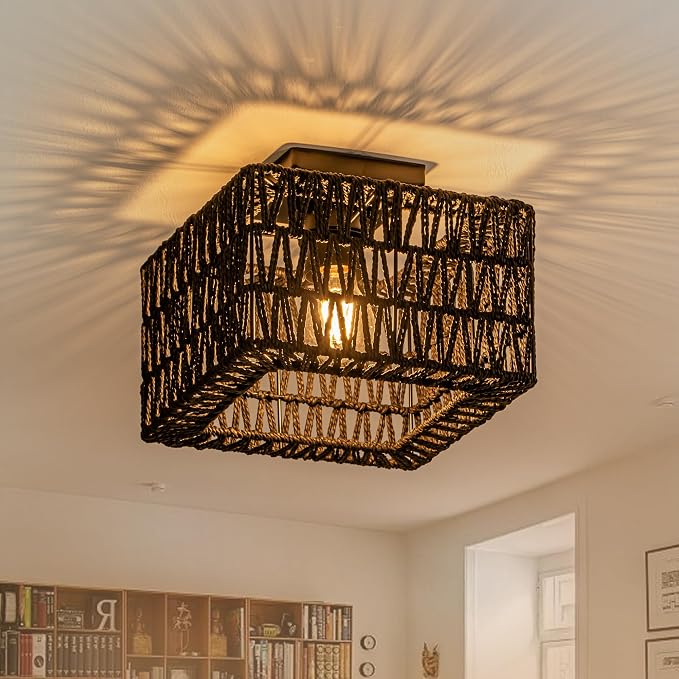 Rpzloila Rattan Ceiling Light, Black Boho Light Fixture, Square Flush Mount Ceiling Light for Bedroom, Hallway, Entryway, Kitchen, Laundry