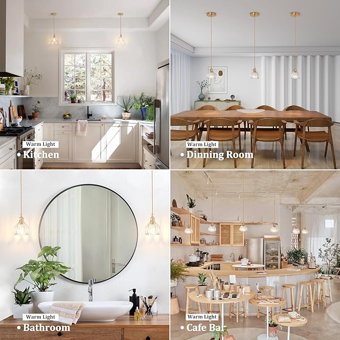 Shenmoyl Pendant Light 2 Pack with Clear Tulip Glass Lmapshade, Brass Vintage Pendant Light Adjustable Hanging Light for Kitchen Island Dining Room Hallway