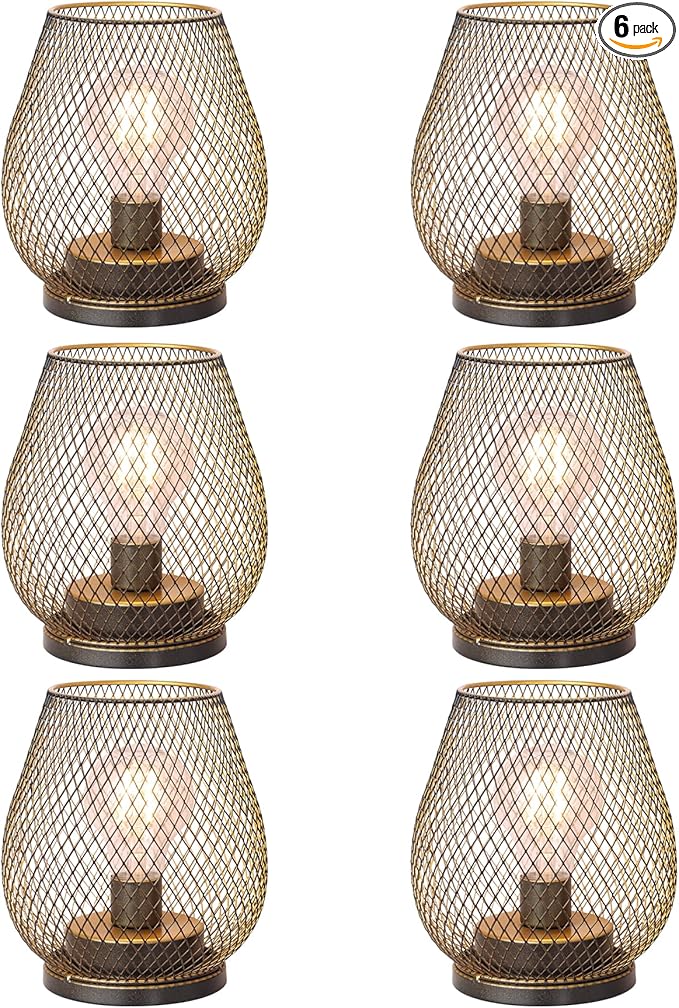 Set of 6 Battery Operated Lamp LED Table Lantern, Golden Metal Cage Cordless Lamps with LED Bulb, Vintage Decorative Outdoor Lantern for Weddings, Party, Patio, Events for Indoors Shelf Decor