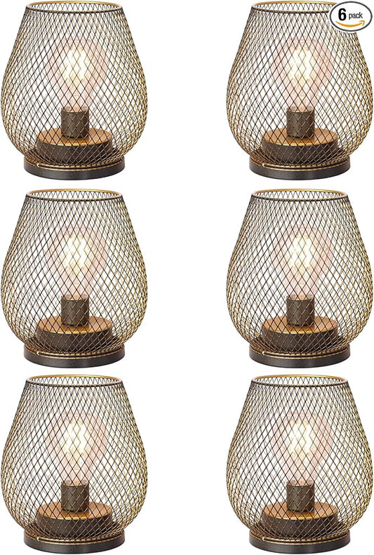 Set of 6 Battery Operated Lamp LED Table Lantern, Golden Metal Cage Cordless Lamps with LED Bulb, Vintage Decorative Outdoor Lantern for Weddings, Party, Patio, Events for Indoors Shelf Decor