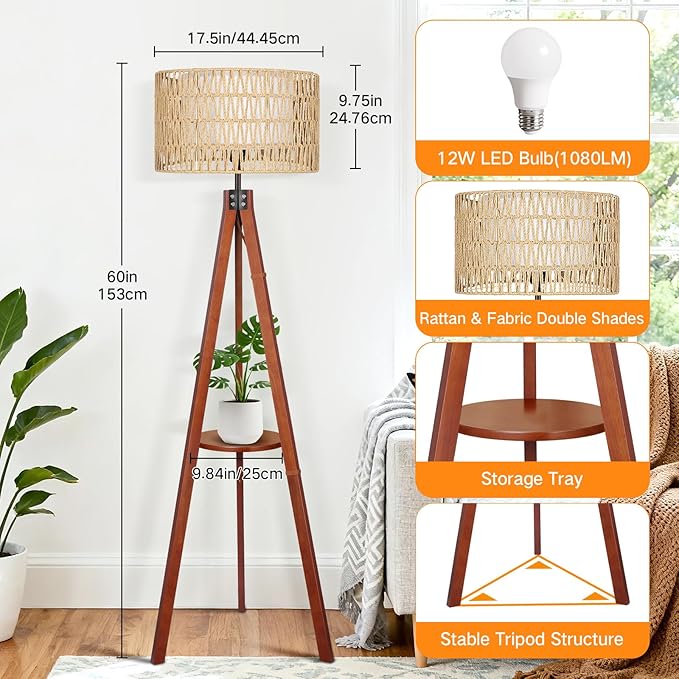 OUTON Boho Rattan Tripod Floor Lamp with Shelves, Remote Control, Dimmable Mid Century Modern Standing Lamp 58.5" for Bedroom, Living Room & Office, Lamp Shade Includes E26 9W Bulb, Walnut