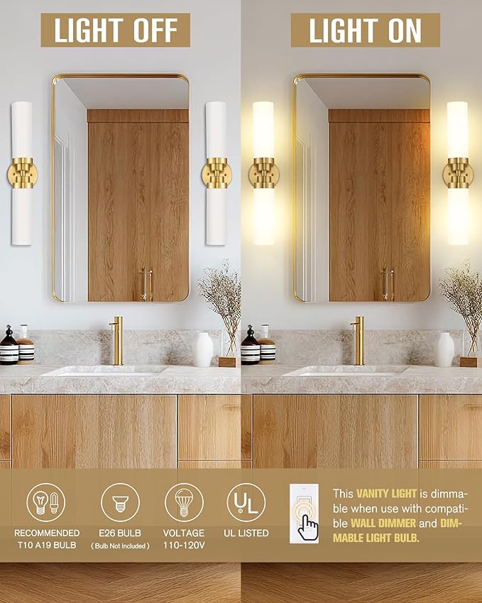 Emak Modern 22 Inch Bathroom Light Fixtures Over Mirror, Brushed Gold Vanity Light Bar with Milk Glass Shade, 2-Light Bathroom Wall Sconce, VL085-BGD-ML-2