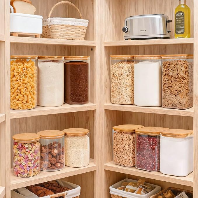 2-Pack 1 Gallon Square Glass Flour and Sugar Containers with Lids, Large Airtight Pantry Jars for Baking - Glass Canisters with Scoops & Labels for Bulk Food