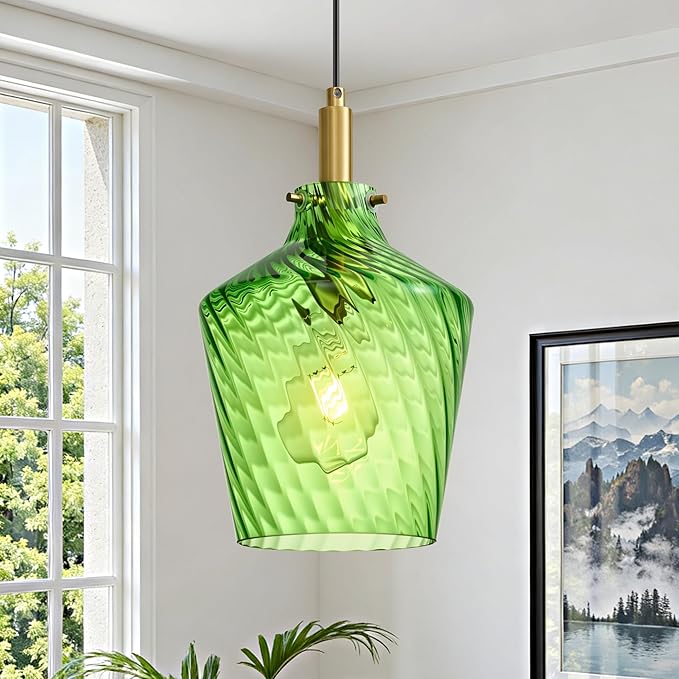 Modern Stripes Green Glass Pendant Lighting for Kitchen Island 1 Pack, Farmhouse Gold Pendant Light Fixtures, Height Adjustable Ceiling Pendant Light, 8 Inch