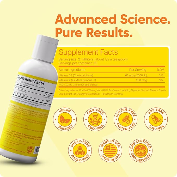 Vitamine D3K2 liposomale liquide – Végétalienne, sans OGM, vitamine D3 + K2 à haute absorption pour le soutien des os, du cœur et du système immunitaire – 60 doses