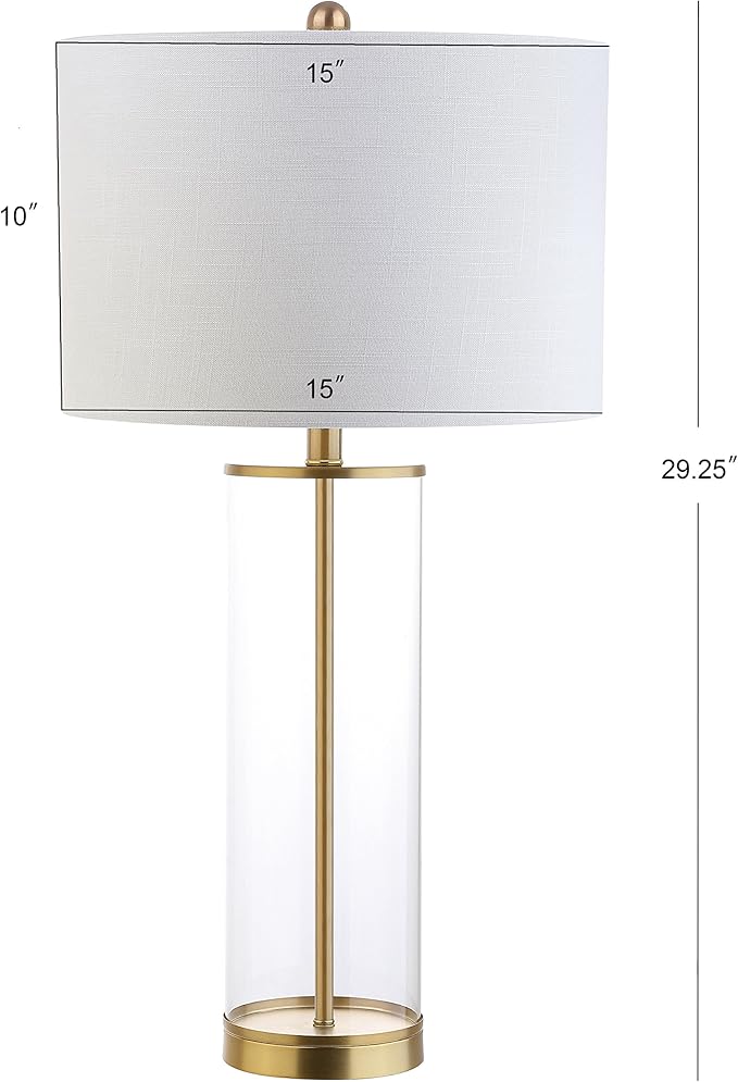 JONATHAN Y 29.25" Clear/Brass Gold Modern Glass Table Lamp for Living Room Bedroom, Minimalist Nightstand Bedside Lamp, White Linen Drum Shade, LED Bulb Included (JYL2005A)