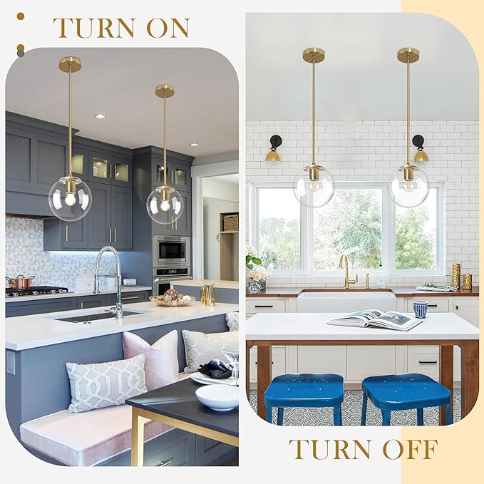 Bagood 8" Globe Pendant Light Gold Mid Century Modern Light Fixture Clear Glass Pendant Lights Kitchen Island Modern Pendant Lights Brushed Brass Finished with Clear Glass Lampshade for Bedroom