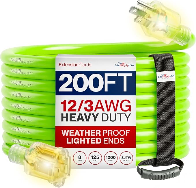 200ft Outdoor/Indoor Extension Cord 12/3 Gauge Extra Heavy Duty 3 Prong SJTW, Waterproof, Flexible Cold-Resistant Long Power Cord, 15A 125V 1875W, Neon Green by LifeSupplyUSA