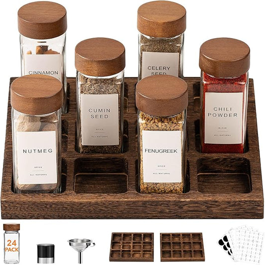 Yangbaga Glass Spice Containers for Kitchen: 24p 4oz Durable Glass Dishwasher Safe Jars w/2p Rack for Cooking Enthusiasts- Airtight Acacia lid 500X Open-Close no Loose - Gift/Daily Use for Housewives