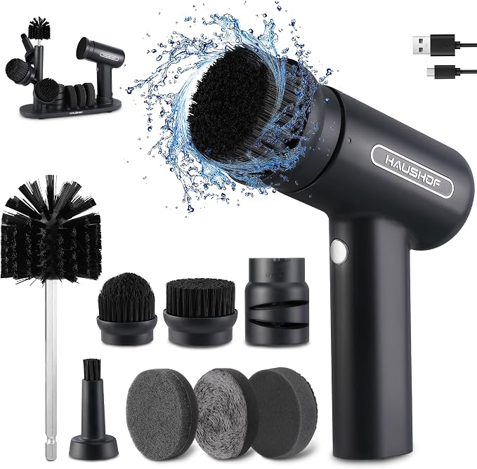 HAUSHOF Electric Spin Scrubber, Cordless Dish Scrubber Brush with 8 Replaceable Heads & 3 Speeds, Power Scrubber Electric Scrubber for Cleaning Kitchen, Sink, Bathroom, Knife Sharpener Included
