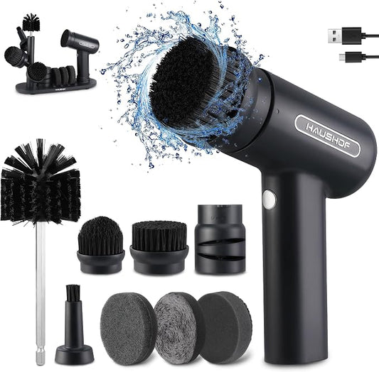 HAUSHOF Electric Spin Scrubber, Cordless Dish Scrubber Brush with 8 Replaceable Heads & 3 Speeds, Power Scrubber Electric Scrubber for Cleaning Kitchen, Sink, Bathroom, Knife Sharpener Included