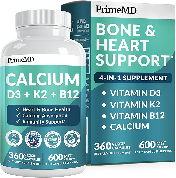 4-in-1 Calcium Supplements for Women & Men - Calcium Citrate with D3 K2 Vitamin 5000 IU - Calcium 600mg with Vitamin D3 K2 - Everyday Vitality Supplement - Vegan-Friendly, Gluten-Free (360 Capsules)