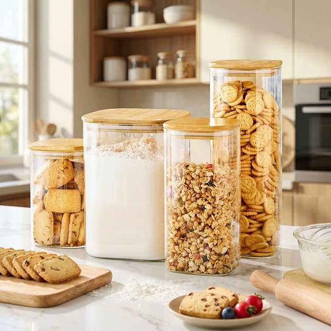Large Glass Storage Containers 132oz&63oz, Pantry Jars with Bamboo Lids-2P | Square Borosilicate Glass Jar with Airtight Lid Keep Flour, Sugar & Rice Fresh, Fits 3lb Bag, BPA-Free for Pantry Organizer