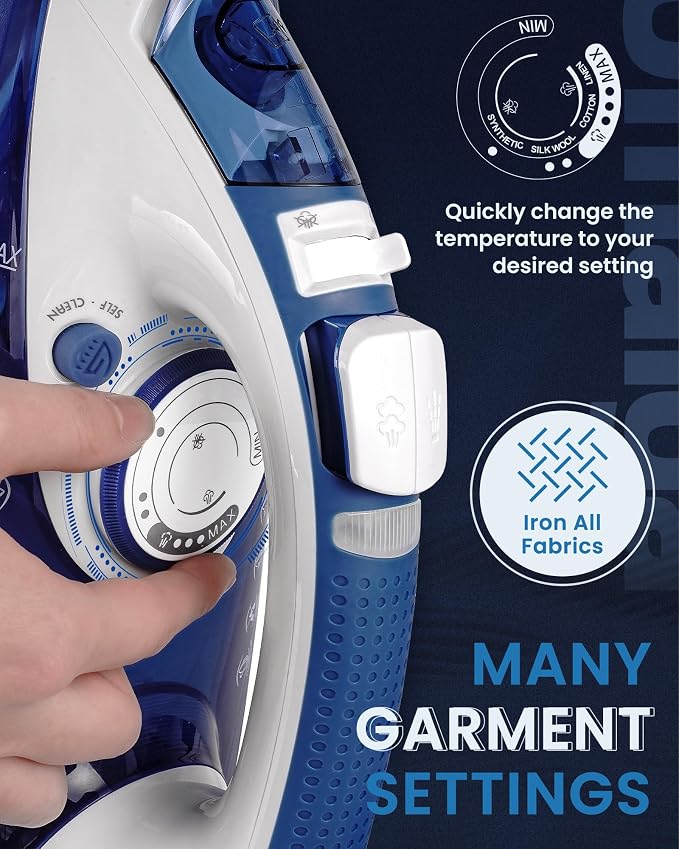 OMAIGA Steam Iron for Clothes, 1500W Clothes Iron with 3-Way Auto-Off, Non-Stick Ceramic Soleplate, Iron for Clothes with 11.84oz Water Tank, Self-Cleaning, Anti-calc, White