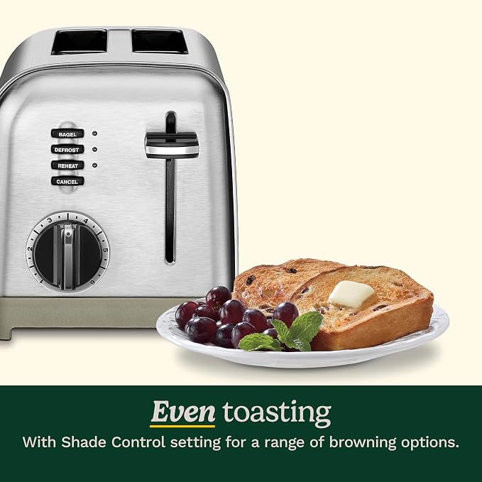 Cuisinart CPT-160P1 Metal Classic 2-Slice Toaster, Brushed Stainless Steel, 6 Shade Settings, 1.5" Wide Slots for Bagels & Bread, Defrost/Reheat Functions, Extra-Lift Lever, Slide-Out Crumb Tray