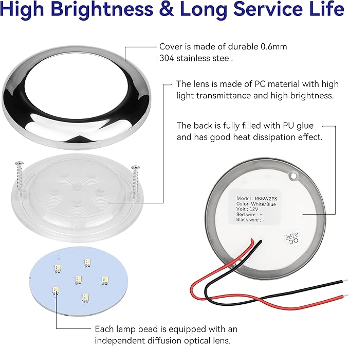 RVZONE 3 Inch White & Blue Dual Color Boat Courtesy Lights, IP68 Waterproof Stainless Steel Marine LED Light, Interior Exterior Deck Cabin Lighting for Fishing Pontoon Sailboat, 2 Pack