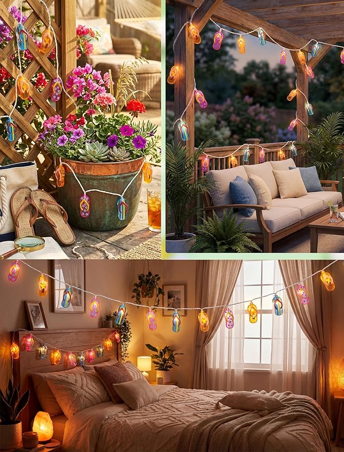 Summer Beach Flip Flop String Lights Plug in, 8.5FT Outdoor Hawaiian Tropical Themed Decoration Lights with 10 LED Multicolor Beach Slipper Lights for Patio Party Birthday Home Window Tent Home Decor