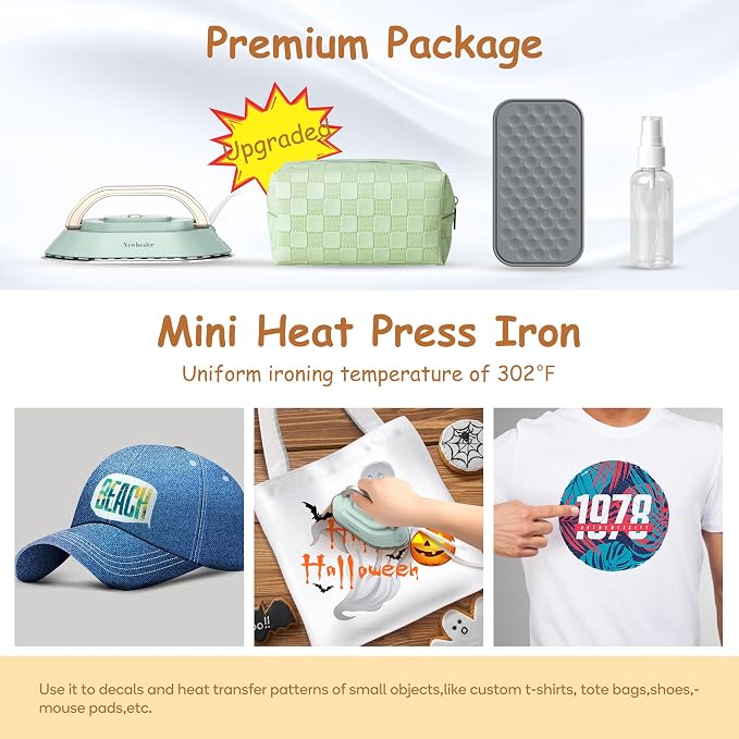 Newbealer Travel Iron Set, 100-240V Mini Dry Iron for Clothes (No Steam) | Max 300W, Heats in 60s, 302℉ Ceramic Soleplate, Handy Heat Press, 0.8lbs Lightweight for Quick Touch-ups Worldwide (Green)