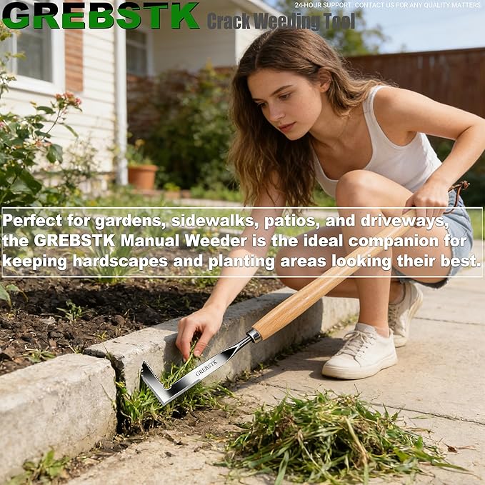 GREBSTK Crack Weeder Crevice Weeding Tool Stainless Steel Manual Weeder Beech Handle Gardening Tool, 22 inch