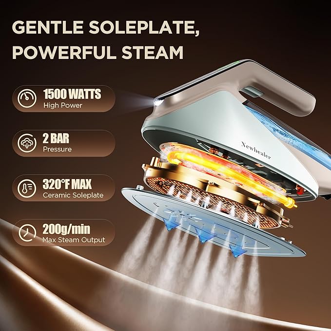 Newbealer Steam Generator Iron, 1500W Turbo Steamer for Clothes (Green) | 2 Bar Steam Pressure Clothes Iron, 4 Steam & 4 Dry Heat Modes, Fast Heat-Up, 350ml Detachable Tank, Auto-Off, Self-Cleaning
