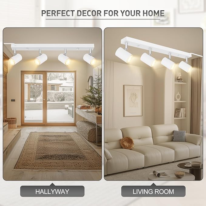 BoostArea LED Track Lighting Ceiling Fixtures, White 4-Light Plug in Track Lights for Kitchen, 23" Ceiling Spotlight, 15 FT Cord,Flexibly Rotatable Wall Mount Light Head for Bedroom Hallway