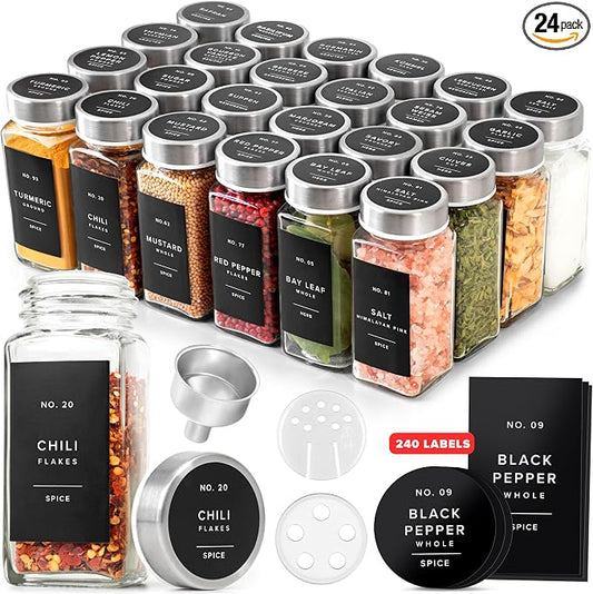 EDELHAUS Glass Spice Jars with Label and Stainless Steel Lids (24 x 4oz) Spice Containers with 240 Labels, Shaker Inserts, Steel Funnel, Empty Square Seasoning Organizer for Spice Rack Cabinet Drawer