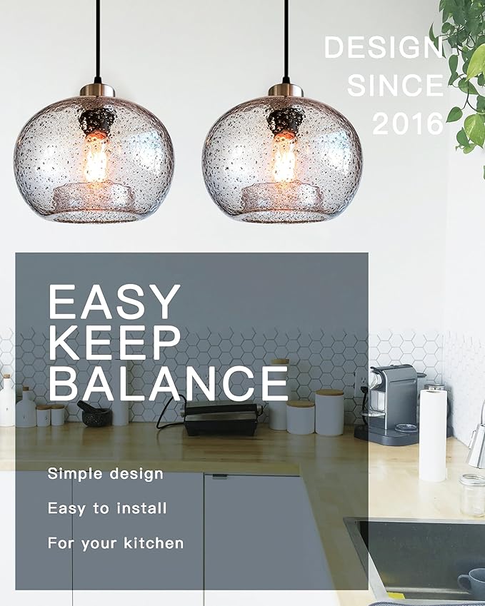 CASAMOTION Handblown Glass Pendant Lighting Drop Ceiling Lights, Modern Rustic Hanging Light Clear Seeded Glass with Black Marble, Brushed Nickel Finish, 8.7 Inch Diameter