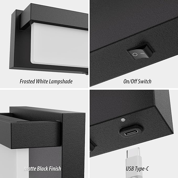 Battery Wall Sconce Black Wall Light with On/Off Switch 8 inch LED Wall Lamp Acrylic Lampshade 3CCT Sconce Wall Lighting
