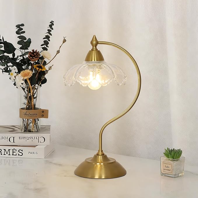 Glass Desk Lamp, Gold Table Lamps for Living Room, Brass Side Table Lamp with Clear Flower Shade, Desk Lamps for Home Office, Mid Century Modern Nightstand Lamp, Vintage Beside Lamp for Bedroom Decor