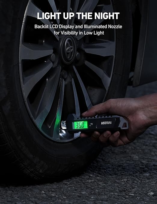 AstroAI Digital Tire Pressure Gauge, 230 PSI 4 Settings Heavy Duty for Car Bicycle with Larger Backlit LCD Flashlight and Non-Slip, Black